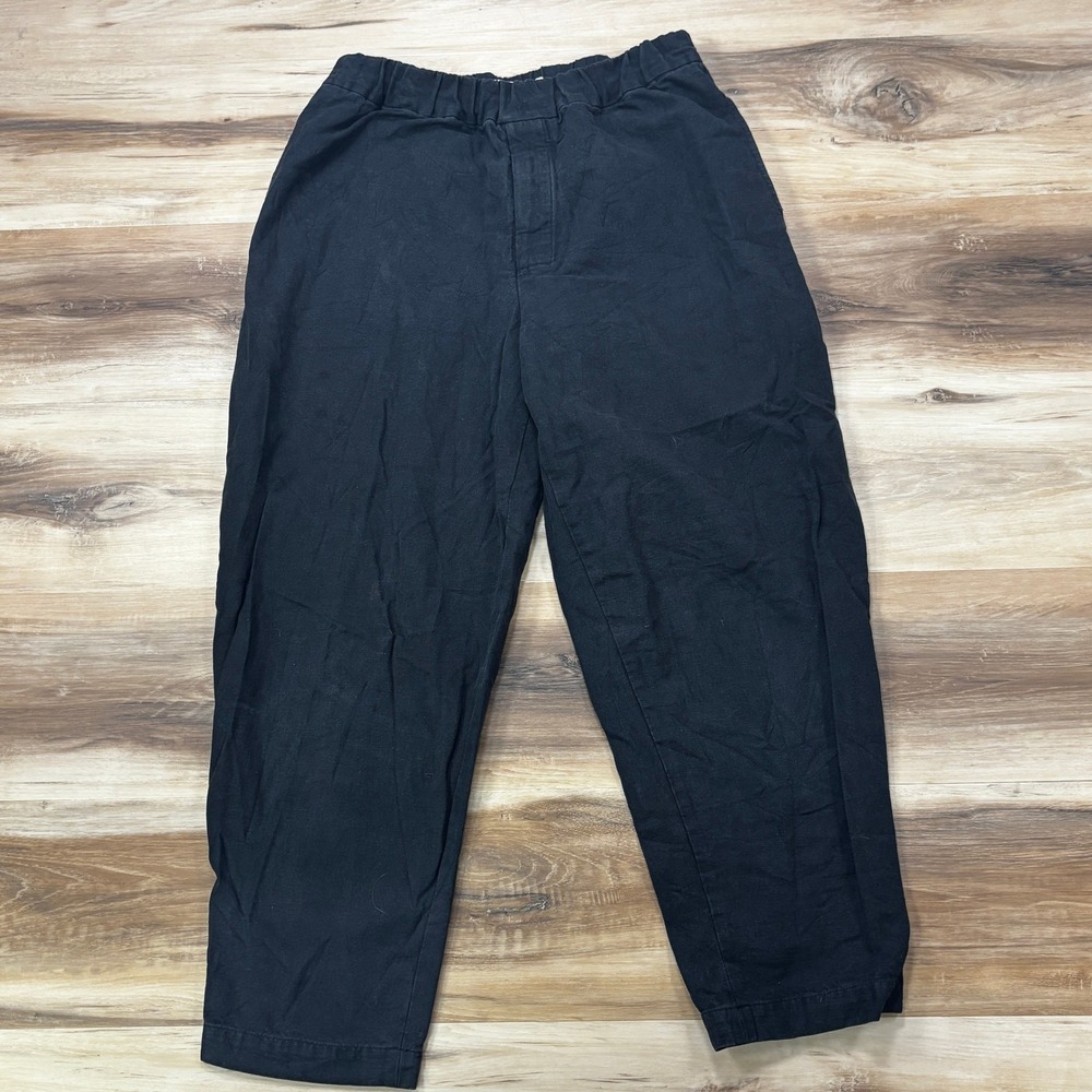 7115 by Szeki Elastic Waist Tapered Pants Size S Linen Cotton Black Relaxed